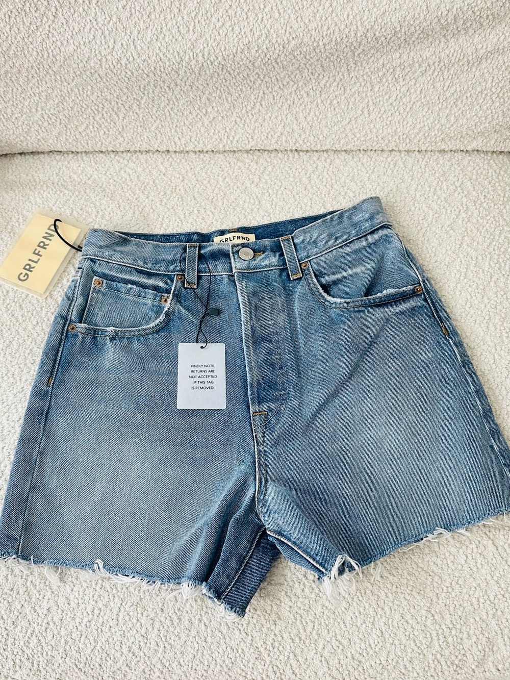GRLFRND Medium Blue High-Rise Raw Hem Denim Shorts